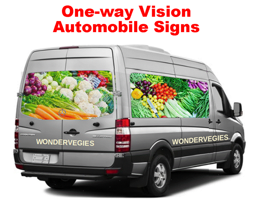One way vision, see through graphics for automobile 