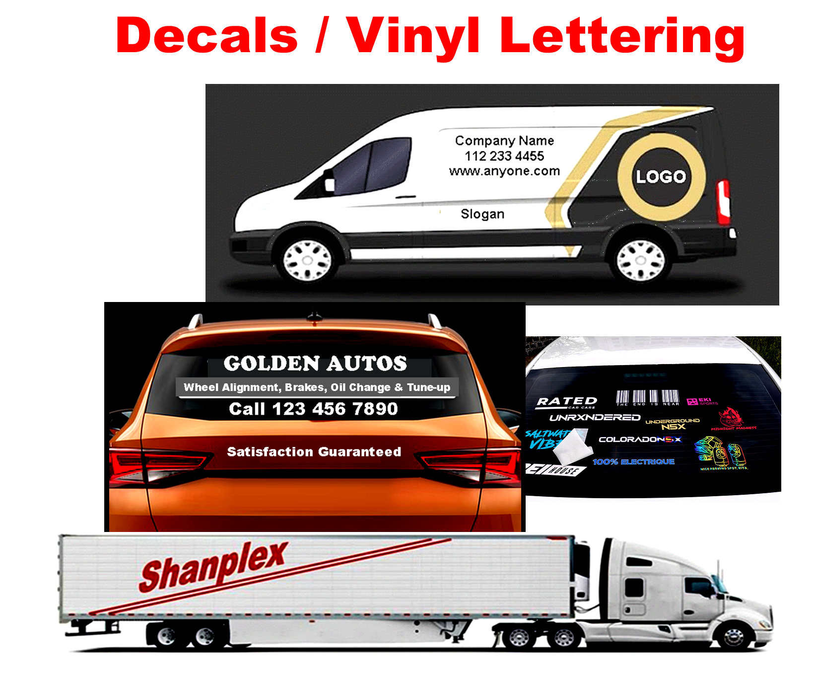 Decaals and vinyl lettering for car windows and rear windshields